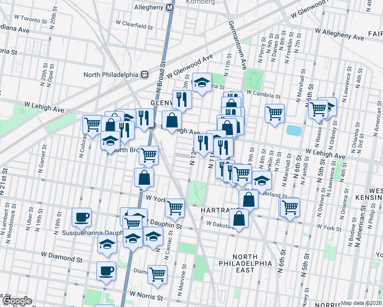 map of restaurants, bars, coffee shops, grocery stores, and more near 2536 North 12th Street in Philadelphia