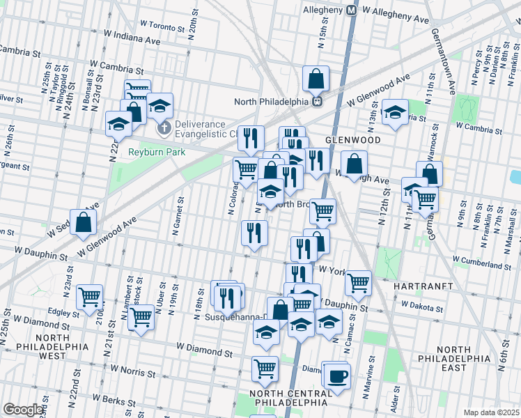 map of restaurants, bars, coffee shops, grocery stores, and more near 2535 North Bancroft Street in Philadelphia