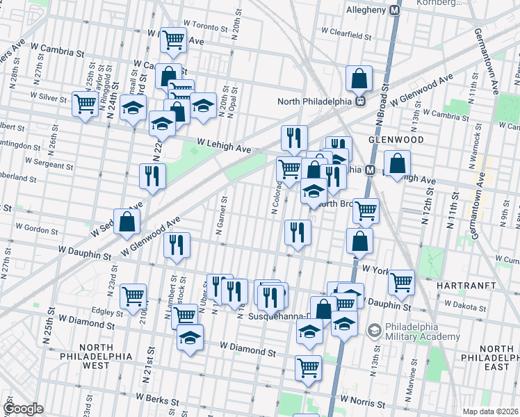 map of restaurants, bars, coffee shops, grocery stores, and more near 2461 North Cleveland Street in Philadelphia