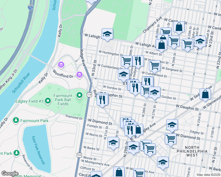 map of restaurants, bars, coffee shops, grocery stores, and more near 2301 North 31st Street in Philadelphia