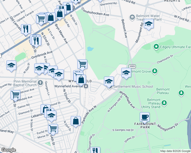 map of restaurants, bars, coffee shops, grocery stores, and more near 4927 Wynnefield Avenue in Philadelphia