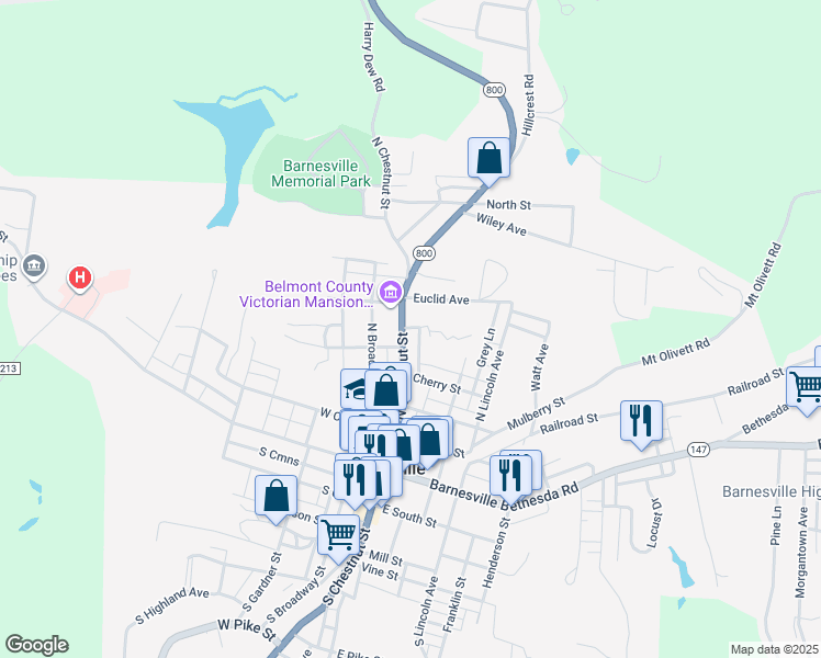 map of restaurants, bars, coffee shops, grocery stores, and more near 420 Sleepy Hollow Drive in Barnesville