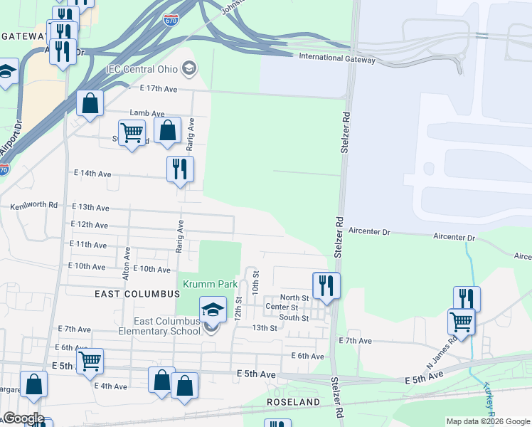 map of restaurants, bars, coffee shops, grocery stores, and more near 3240 East 12th Avenue in Columbus