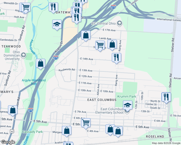 map of restaurants, bars, coffee shops, grocery stores, and more near 2901 East 12th Avenue in Columbus