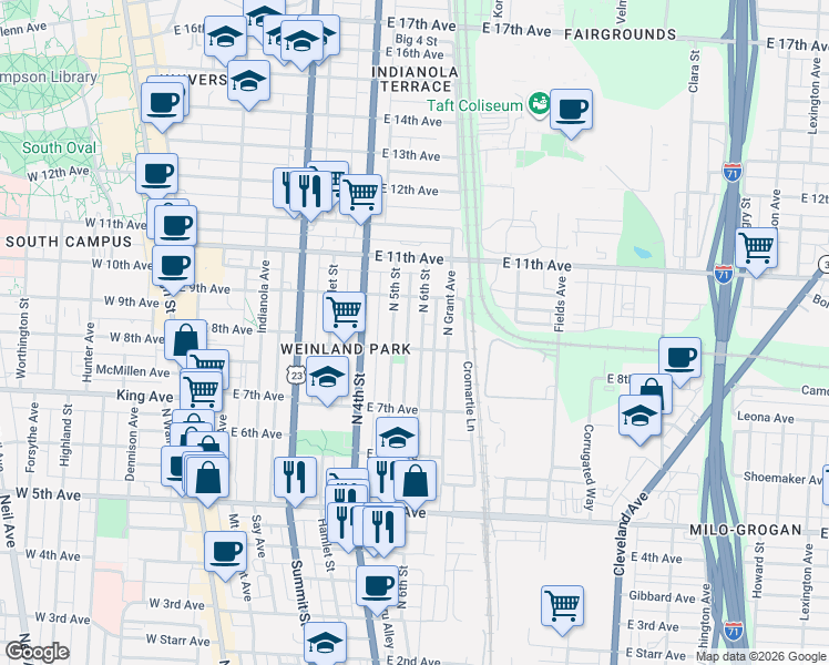 map of restaurants, bars, coffee shops, grocery stores, and more near 1376 North 6th Street in Columbus