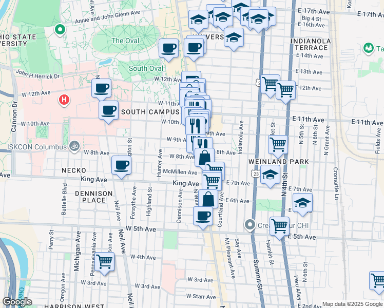 map of restaurants, bars, coffee shops, grocery stores, and more near 1423 North High Street in Columbus