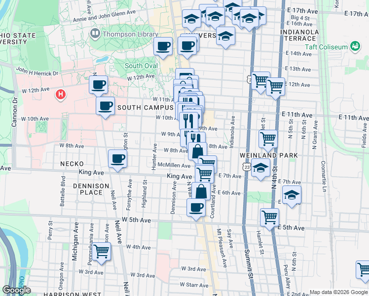 map of restaurants, bars, coffee shops, grocery stores, and more near 1423 North High Street in Columbus