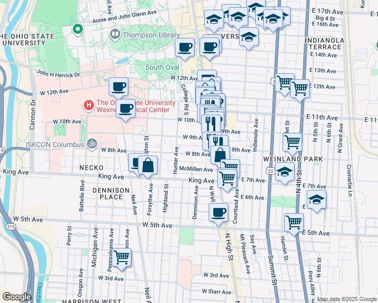 map of restaurants, bars, coffee shops, grocery stores, and more near 80 McMillen Avenue in Columbus