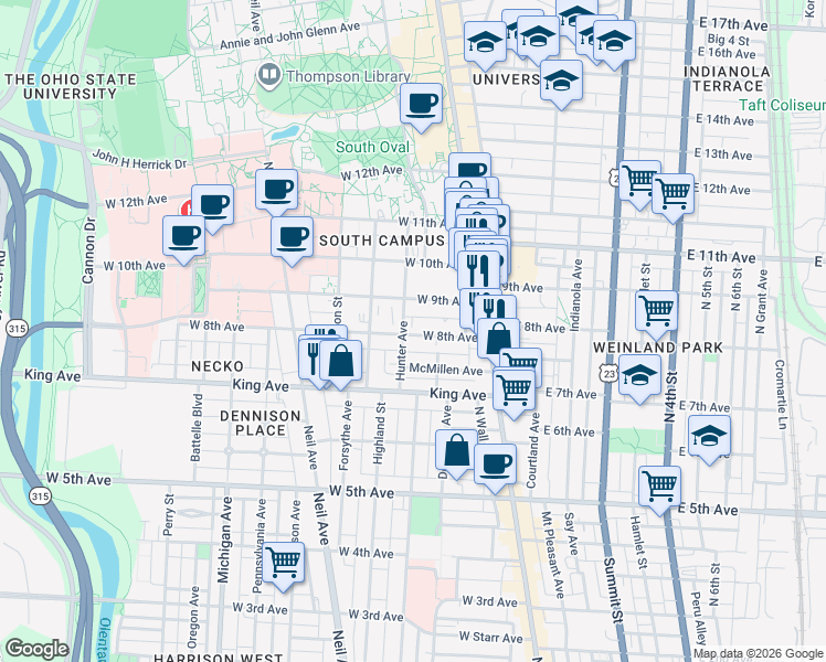 map of restaurants, bars, coffee shops, grocery stores, and more near in Columbus