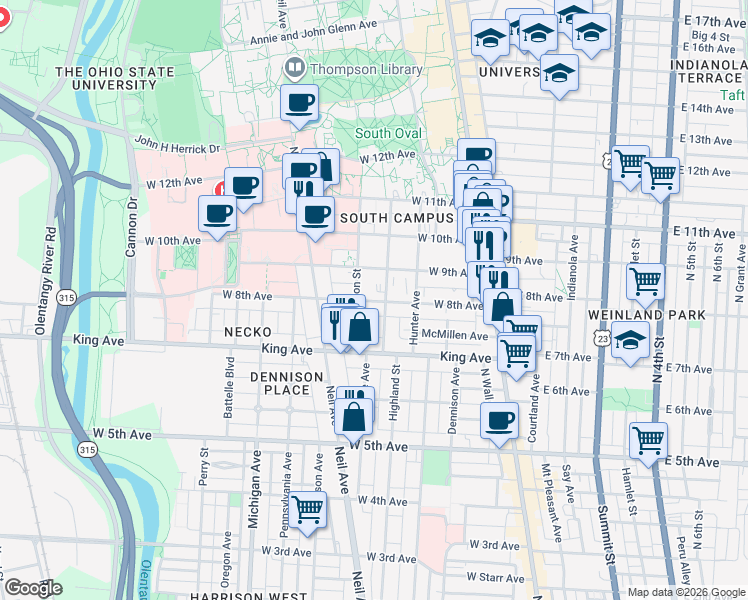 map of restaurants, bars, coffee shops, grocery stores, and more near 1465 Highland Street in Columbus