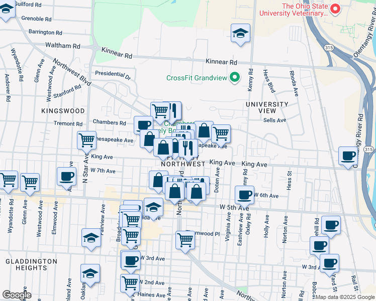 map of restaurants, bars, coffee shops, grocery stores, and more near 1250 King Avenue in Columbus