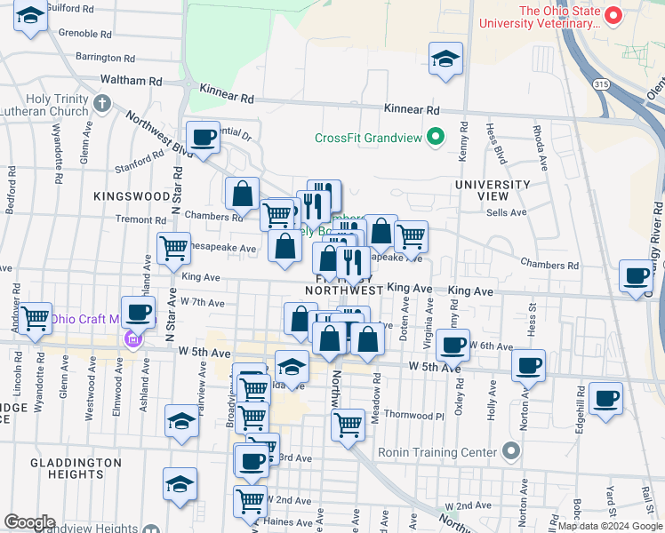 map of restaurants, bars, coffee shops, grocery stores, and more near 1300 King Avenue in Columbus