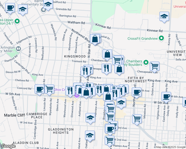 map of restaurants, bars, coffee shops, grocery stores, and more near 1513 King Avenue in Columbus