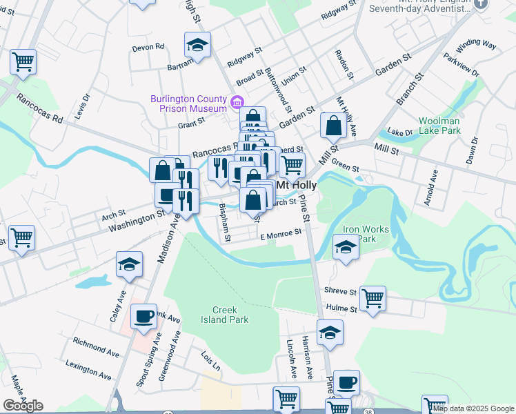 map of restaurants, bars, coffee shops, grocery stores, and more near 2 Church Street in Mount Holly
