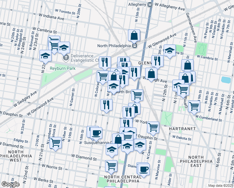 map of restaurants, bars, coffee shops, grocery stores, and more near 2540 North Sydenham Street in Philadelphia