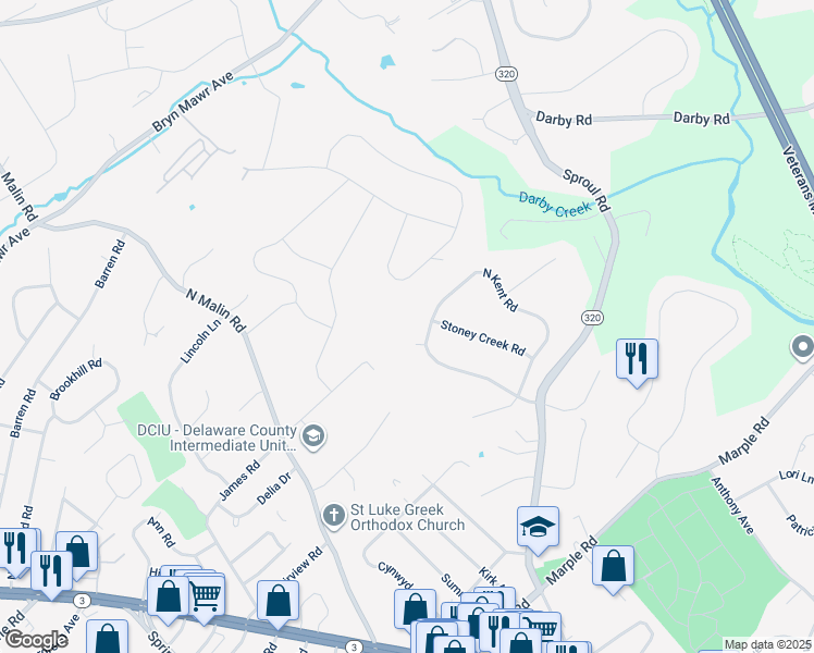 map of restaurants, bars, coffee shops, grocery stores, and more near 2754 South Kent Road in Broomall