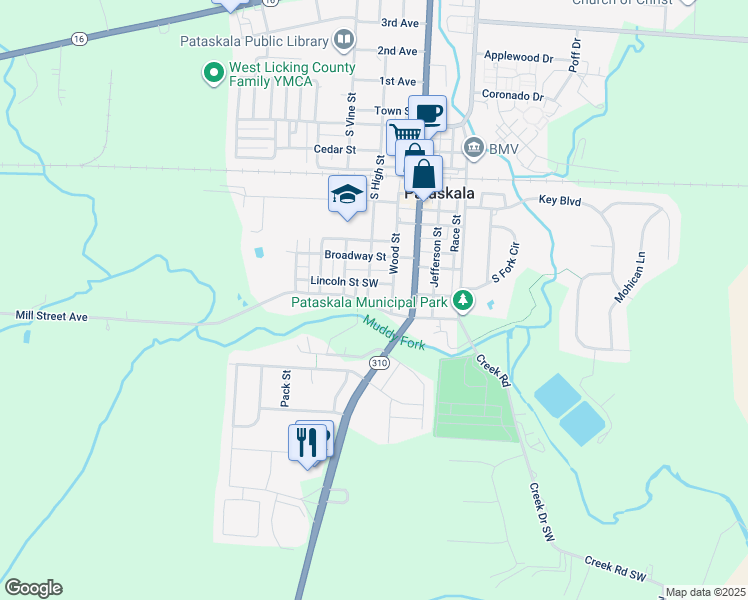 map of restaurants, bars, coffee shops, grocery stores, and more near 520 South High Street in Pataskala
