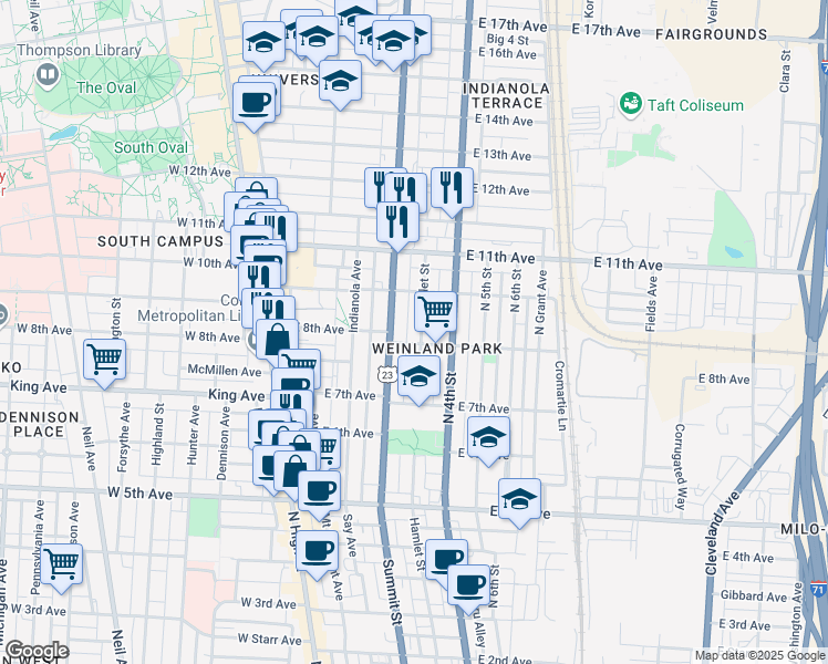map of restaurants, bars, coffee shops, grocery stores, and more near 1421 Hamlet Street in Columbus