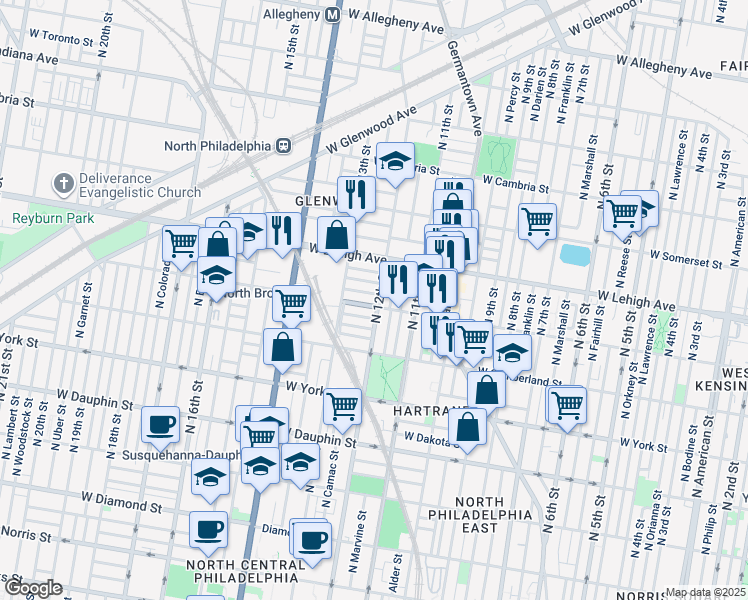 map of restaurants, bars, coffee shops, grocery stores, and more near 2606 North 12th Street in Philadelphia