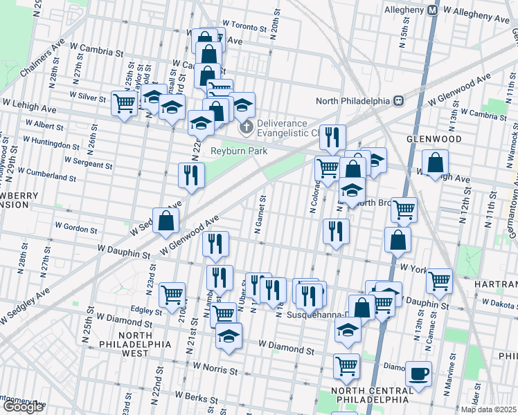 map of restaurants, bars, coffee shops, grocery stores, and more near 2502 North Garnet Street in Philadelphia