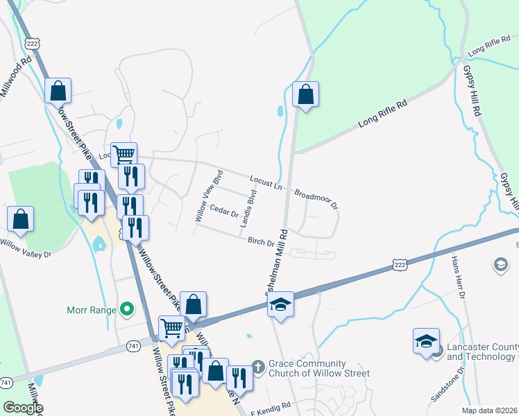 map of restaurants, bars, coffee shops, grocery stores, and more near 1608 Eshelman Mill Road in Willow Street
