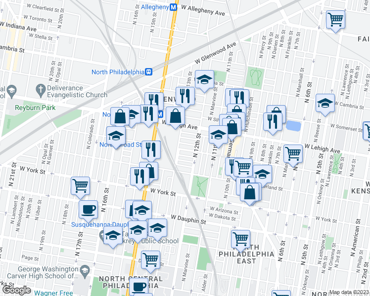 map of restaurants, bars, coffee shops, grocery stores, and more near 1233 West Huntingdon Street in Philadelphia