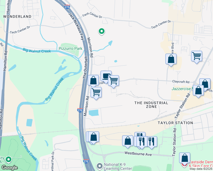 map of restaurants, bars, coffee shops, grocery stores, and more near 845 Claycraft Road in Columbus