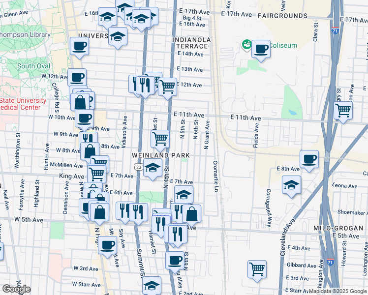 map of restaurants, bars, coffee shops, grocery stores, and more near 1384 North 5th Street in Columbus