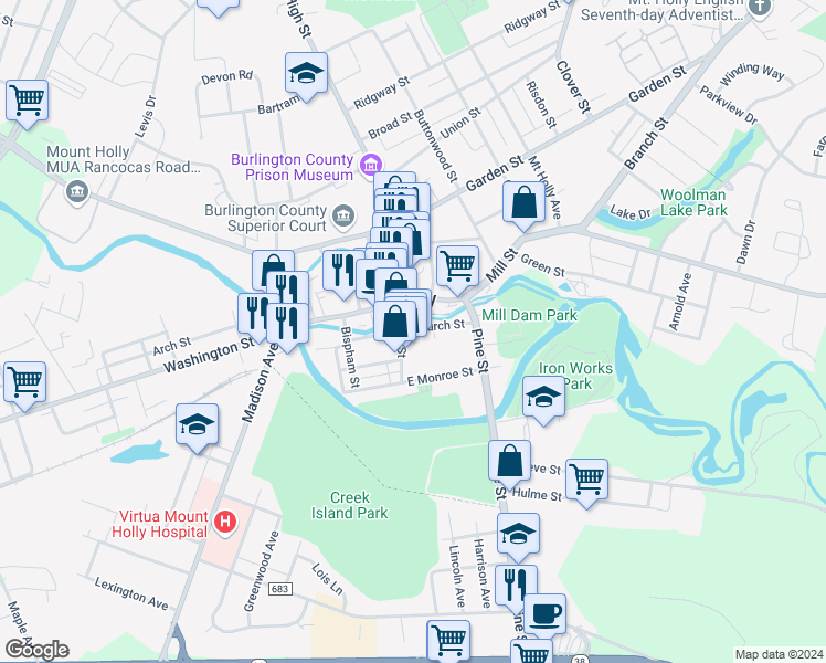 map of restaurants, bars, coffee shops, grocery stores, and more near 12 Church Street in Mount Holly