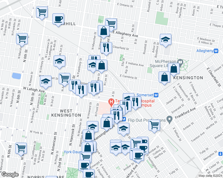 map of restaurants, bars, coffee shops, grocery stores, and more near 45 East Somerset Street in Philadelphia