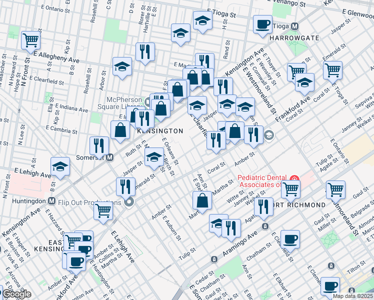 map of restaurants, bars, coffee shops, grocery stores, and more near 3018 Emerald Street in Philadelphia