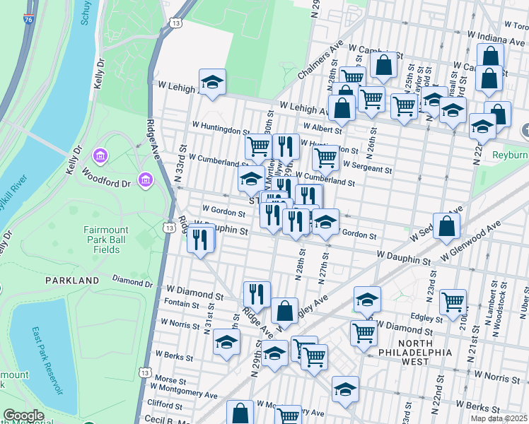 map of restaurants, bars, coffee shops, grocery stores, and more near 2934 West Arizona Street in Philadelphia