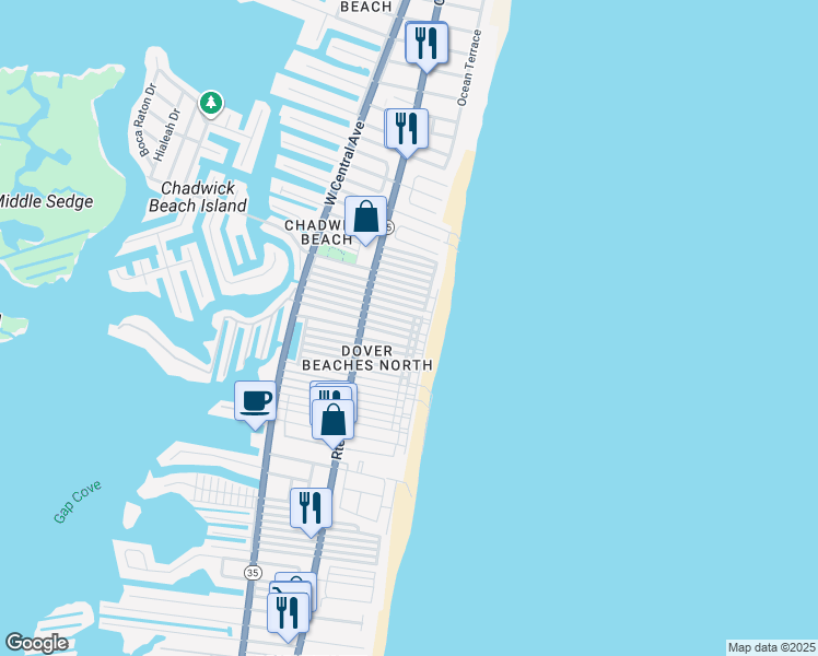 map of restaurants, bars, coffee shops, grocery stores, and more near 23 East Pelican Way in Lavallette