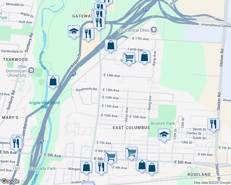 map of restaurants, bars, coffee shops, grocery stores, and more near 2885 East 13th Avenue in Columbus