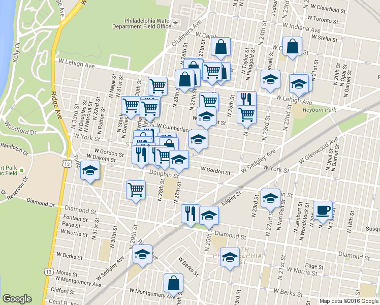 map of restaurants, bars, coffee shops, grocery stores, and more near 2643 West York Street in Philadelphia