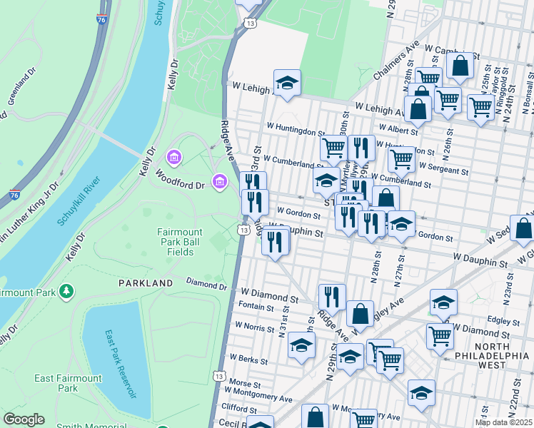 map of restaurants, bars, coffee shops, grocery stores, and more near 3215 West Dakota Street in Philadelphia