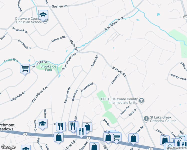 map of restaurants, bars, coffee shops, grocery stores, and more near 205 Barren Road in Newtown Square