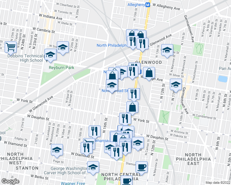 map of restaurants, bars, coffee shops, grocery stores, and more near 2544 North Sydenham Street in Philadelphia