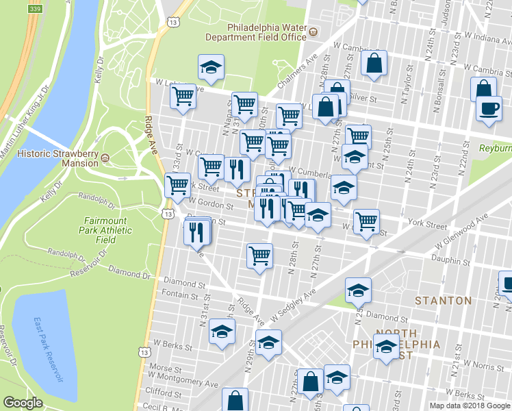 map of restaurants, bars, coffee shops, grocery stores, and more near 2942 West Arizona Street in Philadelphia