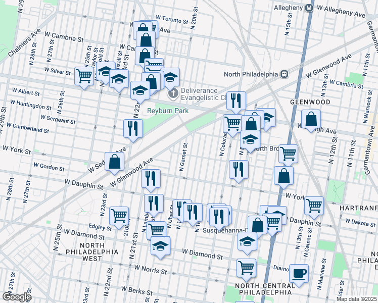 map of restaurants, bars, coffee shops, grocery stores, and more near 2508 North 19th Street in Philadelphia