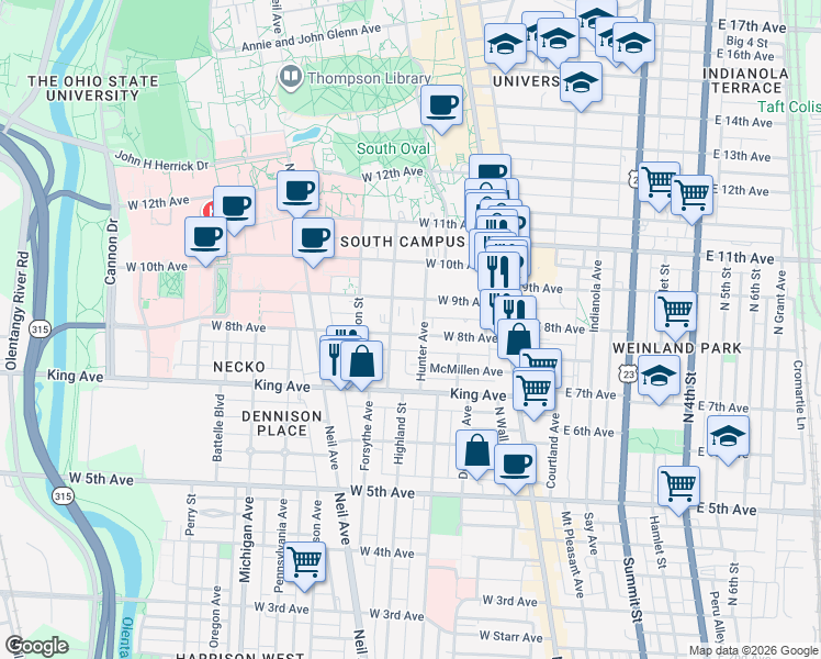 map of restaurants, bars, coffee shops, grocery stores, and more near 136 West 8th Avenue in Columbus