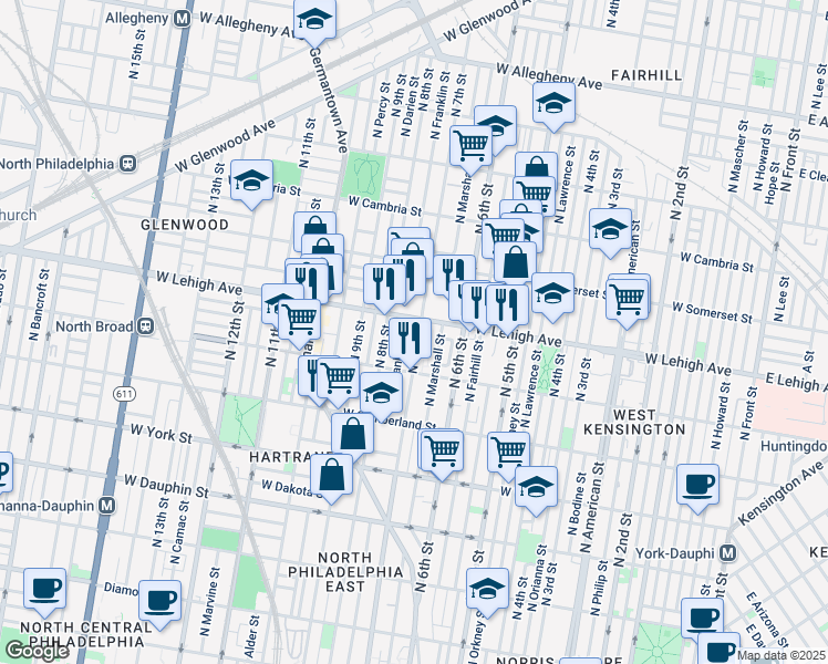 map of restaurants, bars, coffee shops, grocery stores, and more near 2656 North 7th Street in Philadelphia