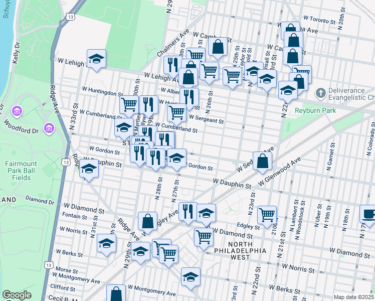 map of restaurants, bars, coffee shops, grocery stores, and more near 2643 West York Street in Philadelphia