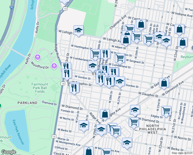 map of restaurants, bars, coffee shops, grocery stores, and more near 2942 West Arizona Street in Philadelphia
