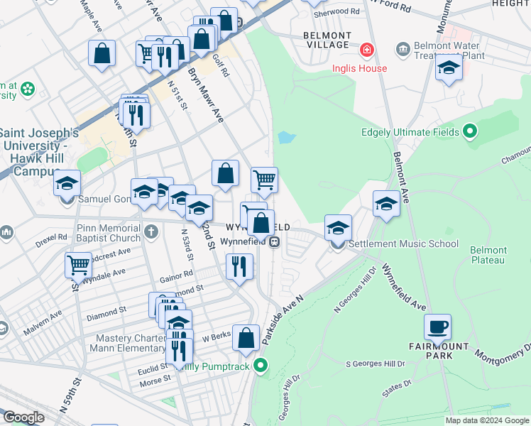 map of restaurants, bars, coffee shops, grocery stores, and more near 2237 Bryn Mawr Avenue in Philadelphia
