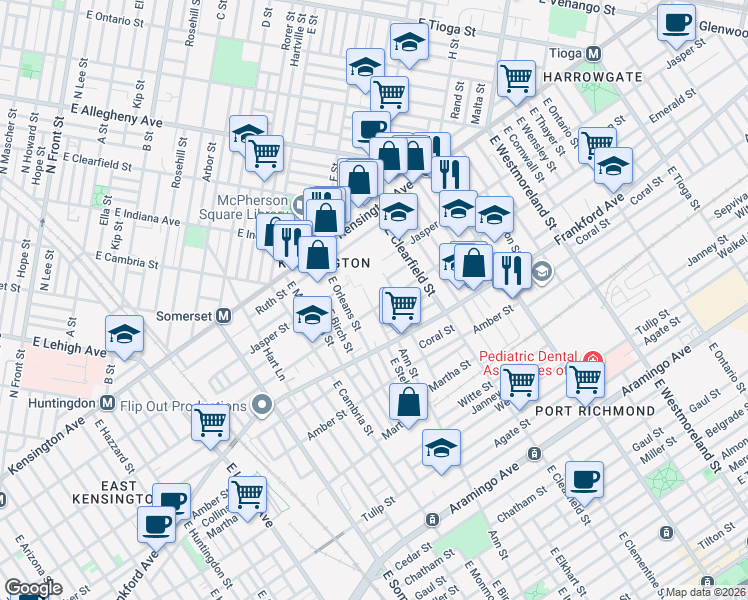 map of restaurants, bars, coffee shops, grocery stores, and more near 2017 East Stella Street in Philadelphia