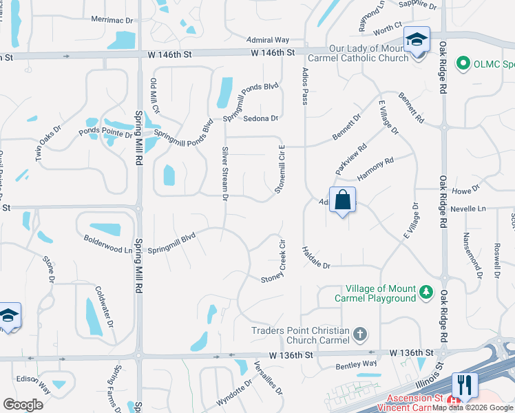 map of restaurants, bars, coffee shops, grocery stores, and more near 1416 Stonemill Circle North in Carmel