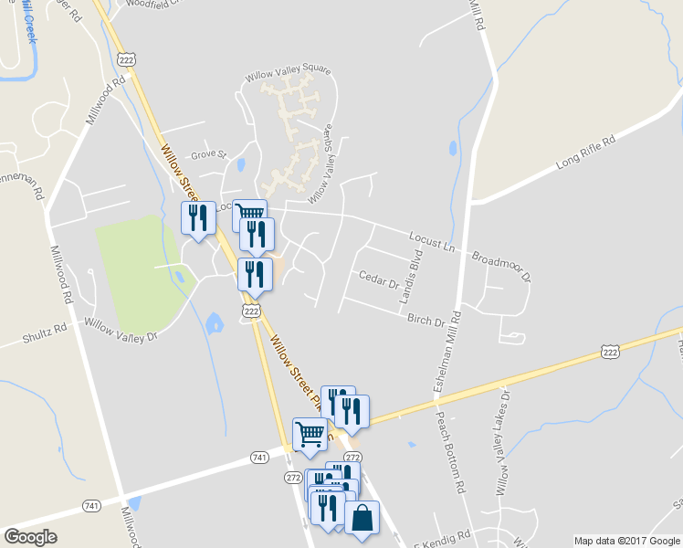 map of restaurants, bars, coffee shops, grocery stores, and more near 14 Willow View Boulevard in Willow Street