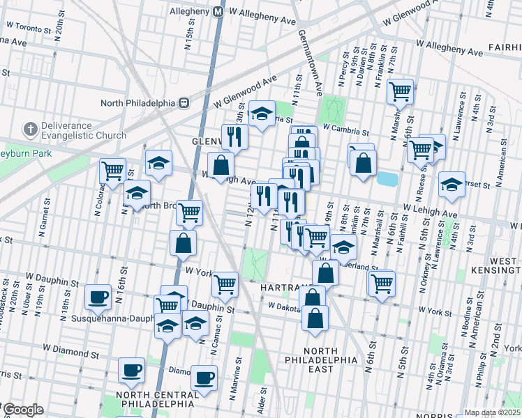 map of restaurants, bars, coffee shops, grocery stores, and more near 2617 North Sartain Street in Philadelphia