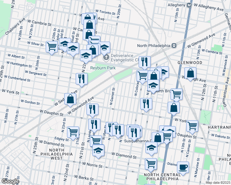 map of restaurants, bars, coffee shops, grocery stores, and more near 2508 North 19th Street in Philadelphia